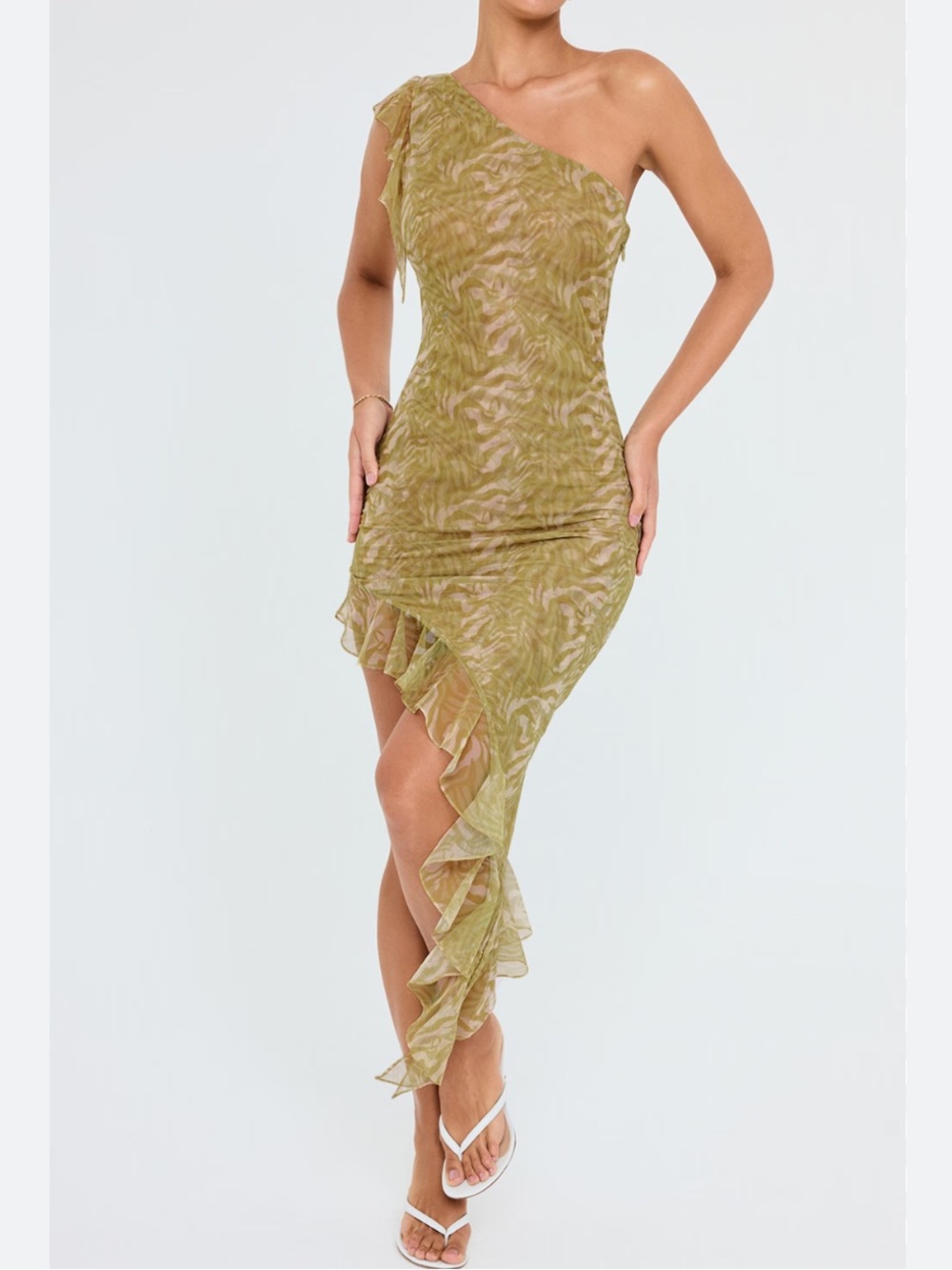 House of‎ CB  Mistress Rocks Glimmer Print Ruffle One Shoulder Midi Dress New!